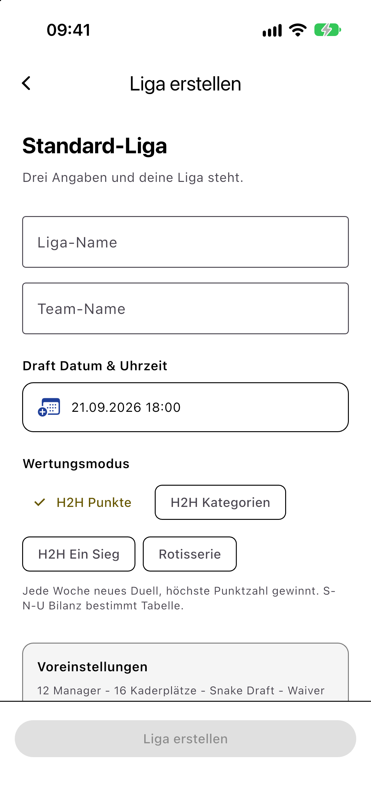 Standard-Liga-Formular zum Erstellen