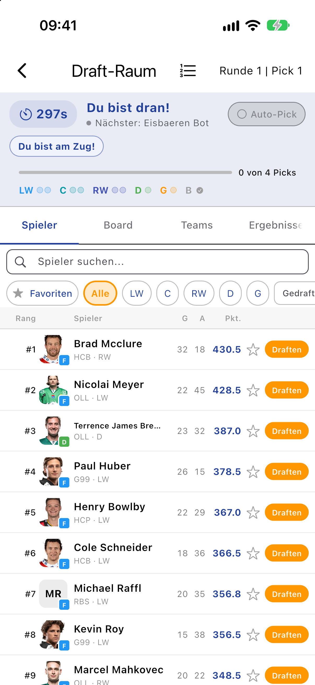 Draft-Raum mit Timer und Pick