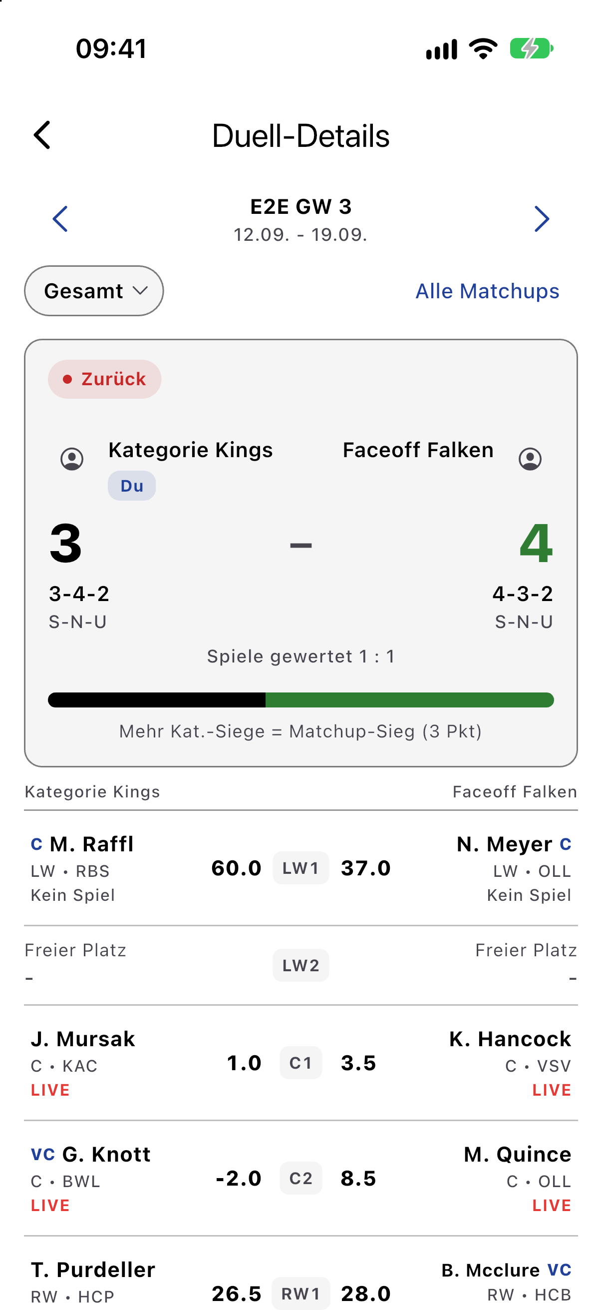 H2H Kategorien: Duell-Details mit Kategorien-Stand und S-N-U pro Kategorie