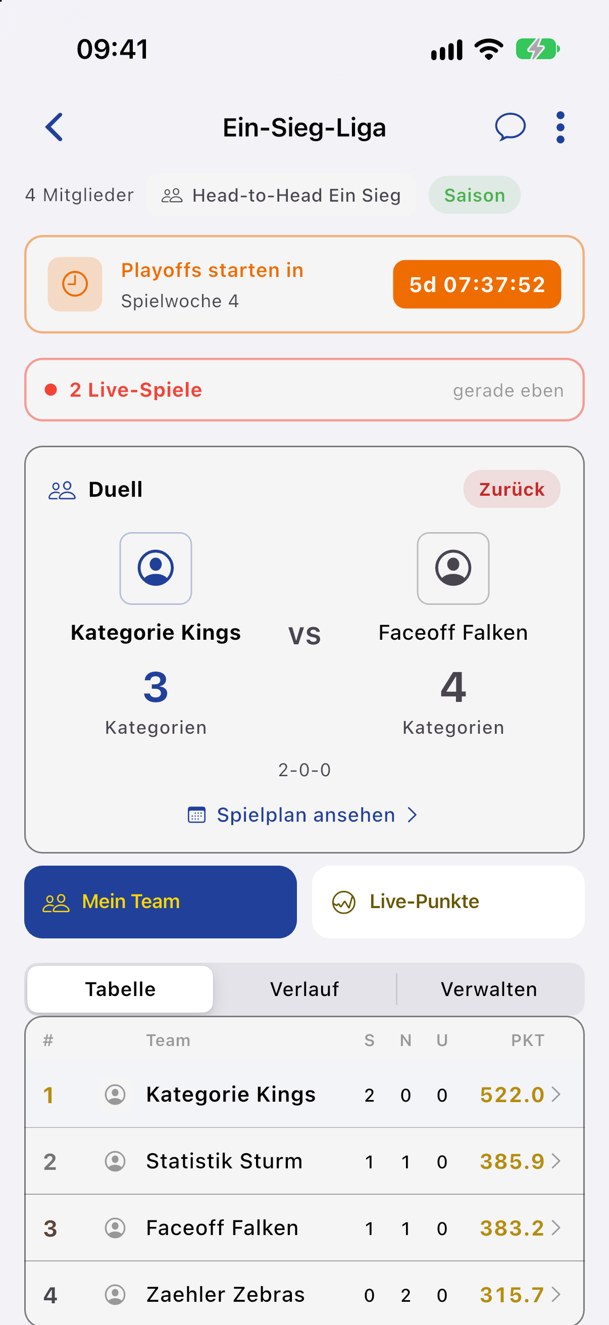 H2H Ein Sieg: Duell-Karte und Tabelle mit einem S-N-U pro Woche